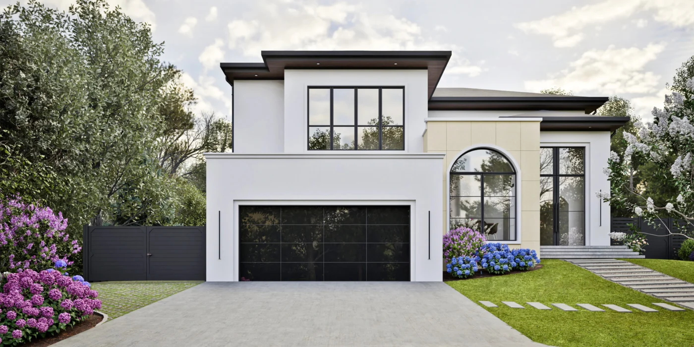 Front exterior rendering of 1427 Pathfinder Lane luxury home in McLean, Virginia.