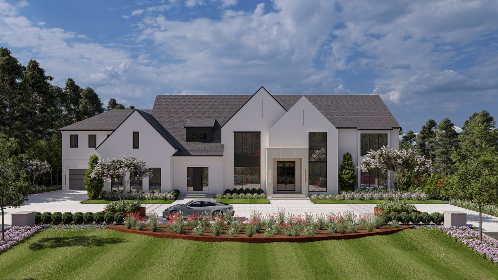Front elevation of luxury home in McLean VA featuring contemporary architecture and manicured lawn.
