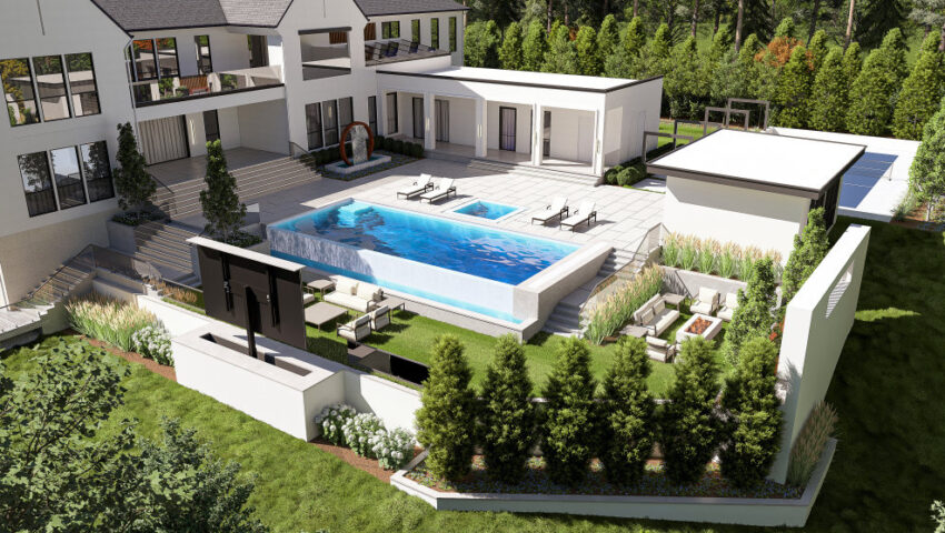 Elevated view of modern luxury home in McLean VA featuring expansive pool and outdoor living space.