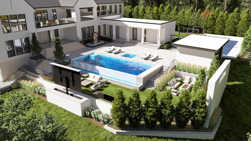 Elevated view of modern luxury home in McLean VA featuring expansive pool and outdoor living space.
