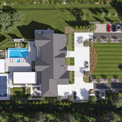 Aerial view of luxury property in McLean VA showcasing full estate layout, pool, and landscaped grounds.