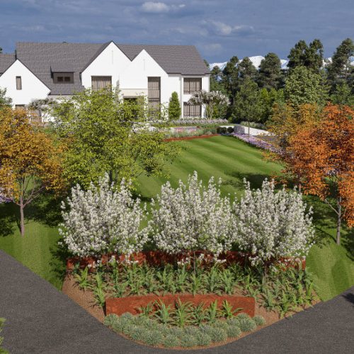 Front yard landscape design of McLean VA luxury home with curated greenery and modern curb appeal.