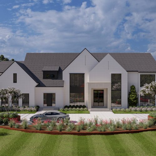 Front elevation of luxury home in McLean VA featuring contemporary architecture and manicured lawn.