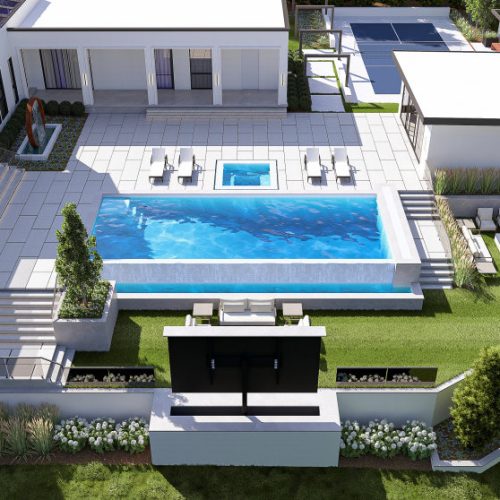 Luxury poolside lounge area in McLean VA home with outdoor kitchen and entertainment space.