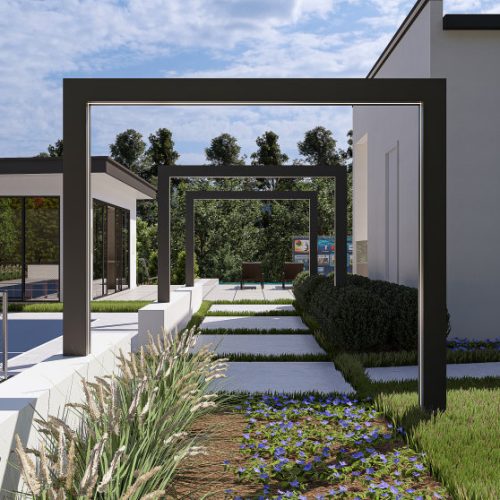 Stylish garden walkway entrance of a McLean VA home with pergola and contemporary landscaping.