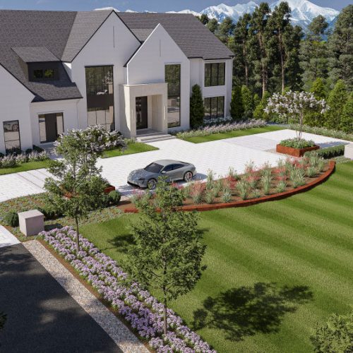 Elegant driveway courtyard of modern McLean VA home with symmetrical landscaping and clean lines.