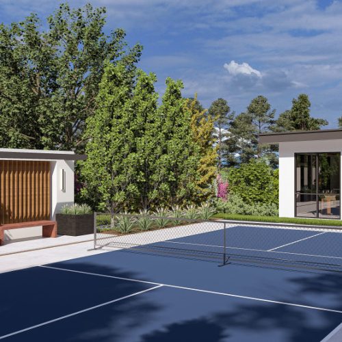 Modern McLean VA residence with spacious tennis court and minimalist exterior architecture.
