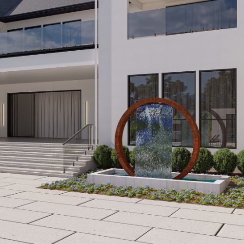 Luxury home entrance in McLean VA with glass facade, minimalist landscaping, and modern exterior details.