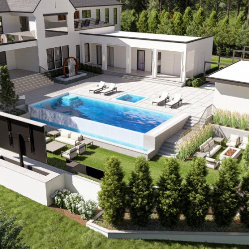 Elevated view of modern luxury home in McLean VA featuring expansive pool and outdoor living space.