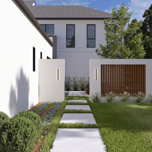 Side yard pathway of a modern McLean VA home with clean lines, greenery, and private access design.
