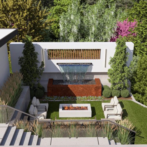 Modern luxury home design in McLean VA featuring landscaped front garden, clean architecture, and private courtyard.