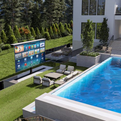 Close-up view of modern swimming pool in McLean VA with clean design and landscaped surroundings.