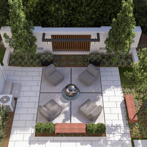 Outdoor patio seating area in McLean VA luxury home with modern landscaping and open-air design.
