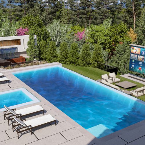 Spacious pool deck in McLean VA luxury home with sun loungers and outdoor relaxation space.
