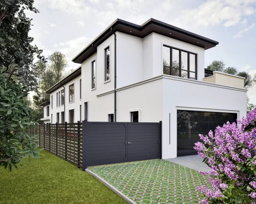 Front left exterior rendering of 1427 Pathfinder Lane luxury home in McLean, Virginia.