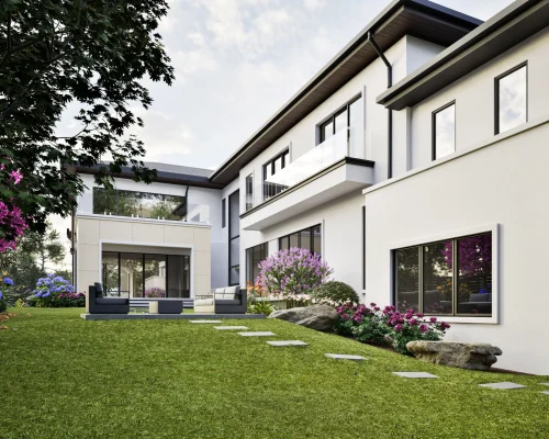 Rear 01 exterior rendering of 1427 Pathfinder Lane luxury home in McLean, Virginia.