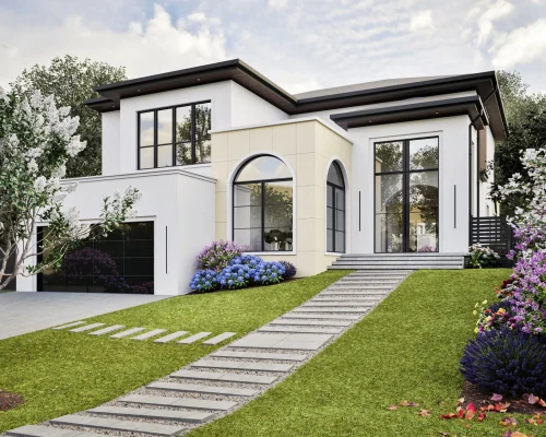 Front right exterior rendering of 1427 Pathfinder Lane luxury home in McLean, Virginia.