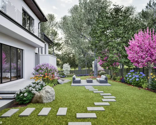 Rear exterior rendering of 1427 Pathfinder Lane luxury home in McLean, Virginia.